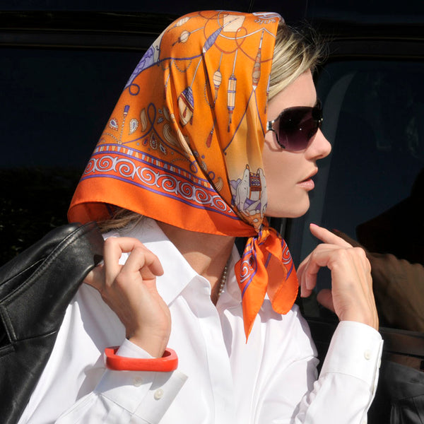 Scarf scarves luxury wrap women lady handmade silk art France orange Texadia Fashion