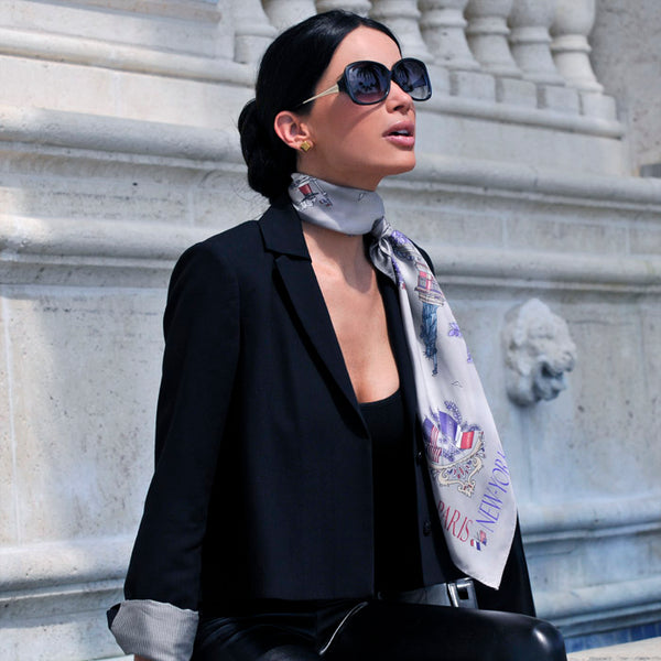 Scarf scarves luxury wrap women lady handmade silk art France Paris grey Texadia Fashion