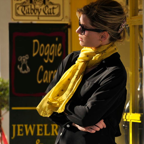 Scarf scarves luxury wrap women lady handmade silk France dog yellow Texadia Fashion